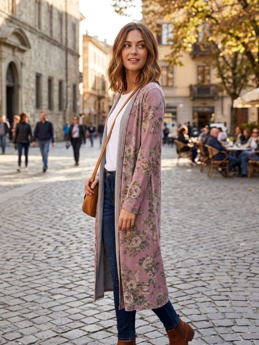 Long Floral Open-Front Cardigan Sweater - Dusty Rose